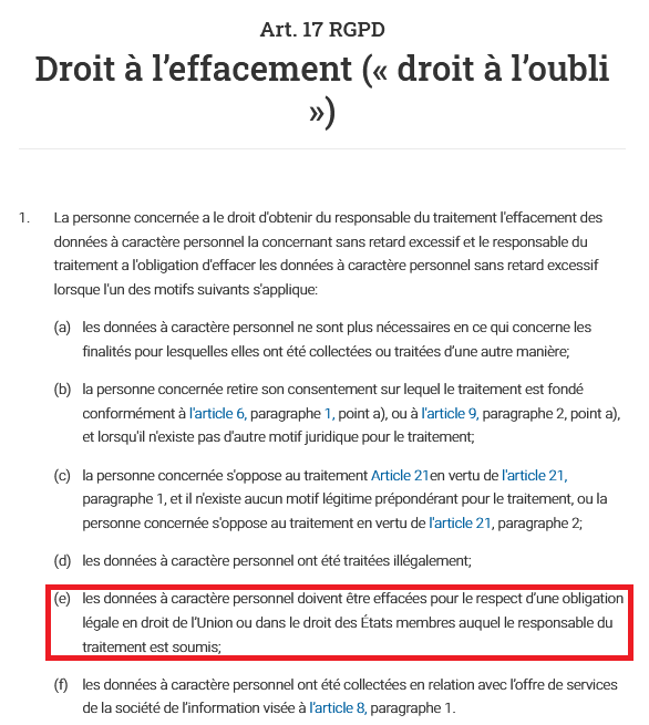 RGPD Article 17 - Paragraphe 1