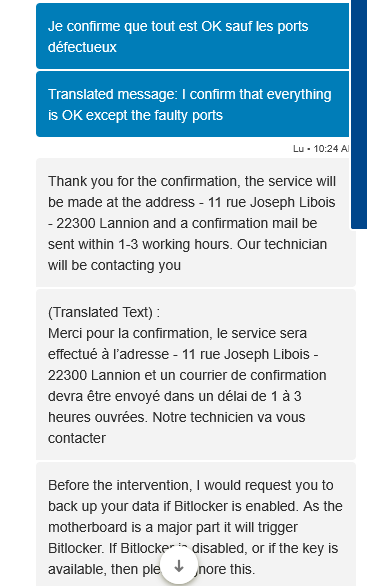 Confirmation d'intervention et remplacement de la carte mère