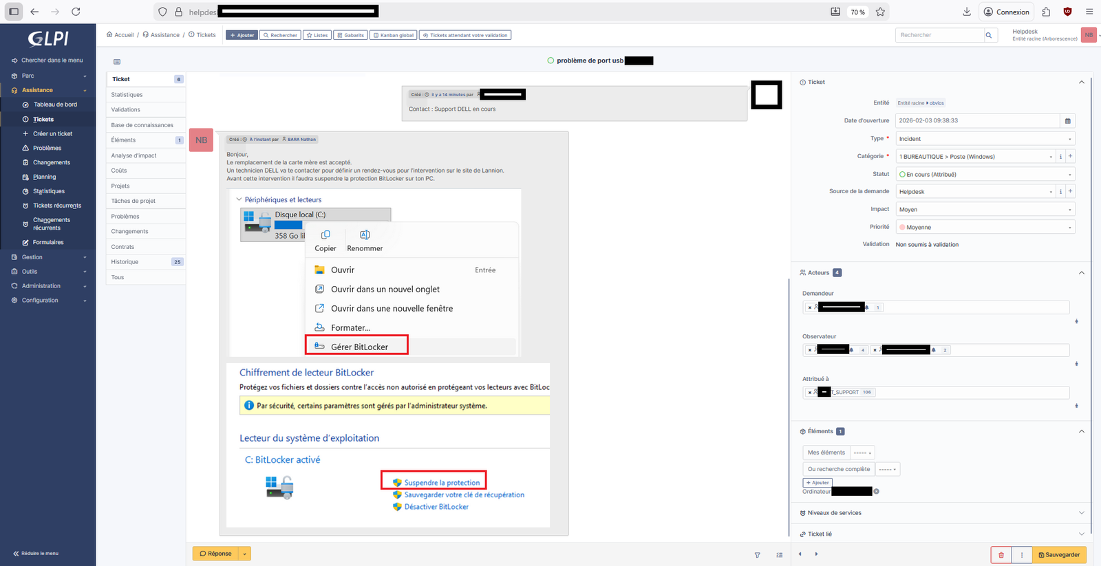 Détails du ticket d'assistance GLPI