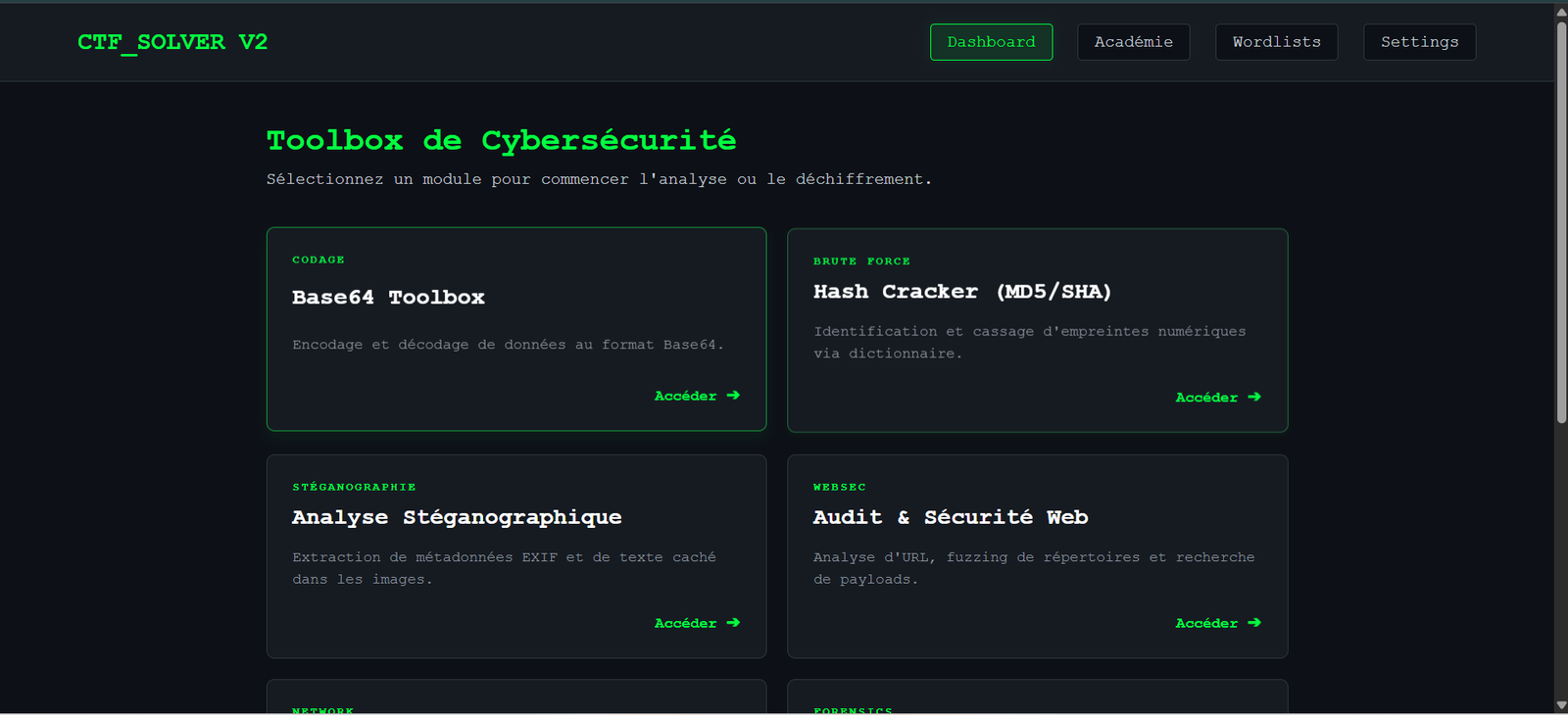 Aperçu du Dashboard CTF_SOLVER V2